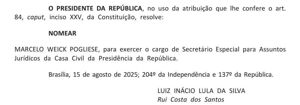 Lula nomeia Weick para cargo já ocupado por ministros do STF